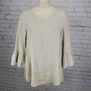Crown Linen Beige 100% European Linen 3/4 Bell Sleeve Tunic Top Size Small S